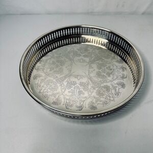 Leonard Silverplated Round Serving Tray Ornate Floral Design Pierced Edge